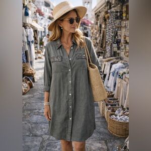 Polished XL Grey Button-Up Silky Lyocel Shirt Dress or Duster w/ Sequins Italy